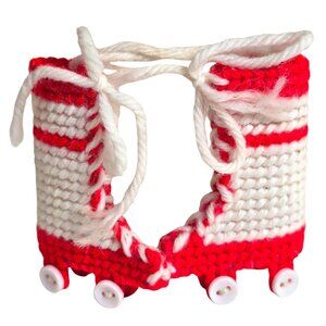 Vintage Plastic Canvas Roller Skate Christmas Ornaments Red White 1970s Handmade